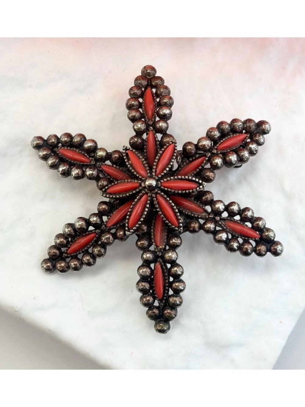 Faux Coral Dynamic Star | Starfish Silver Toned Vintage Costume Jewelry Brooch